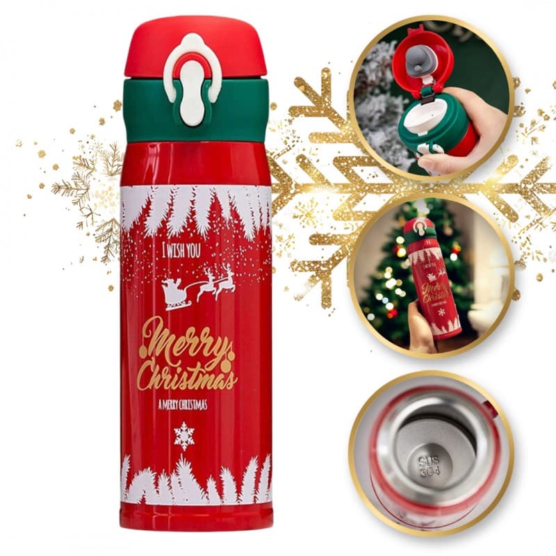KUBEK TERMICZNY, BIDON 500ML TERMOS ŚWIĄTECZNY ZIMOWY czerwony