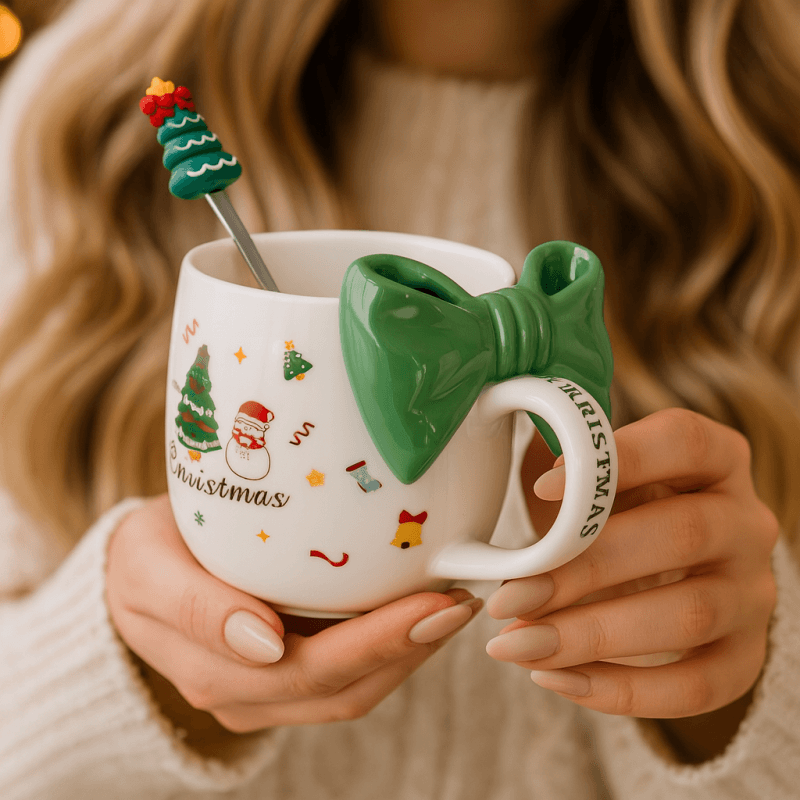 KUBEK ŚWIĄTECZNY Z KOKARDĄ - zestaw w pudełku z łyżeczką 400 ml